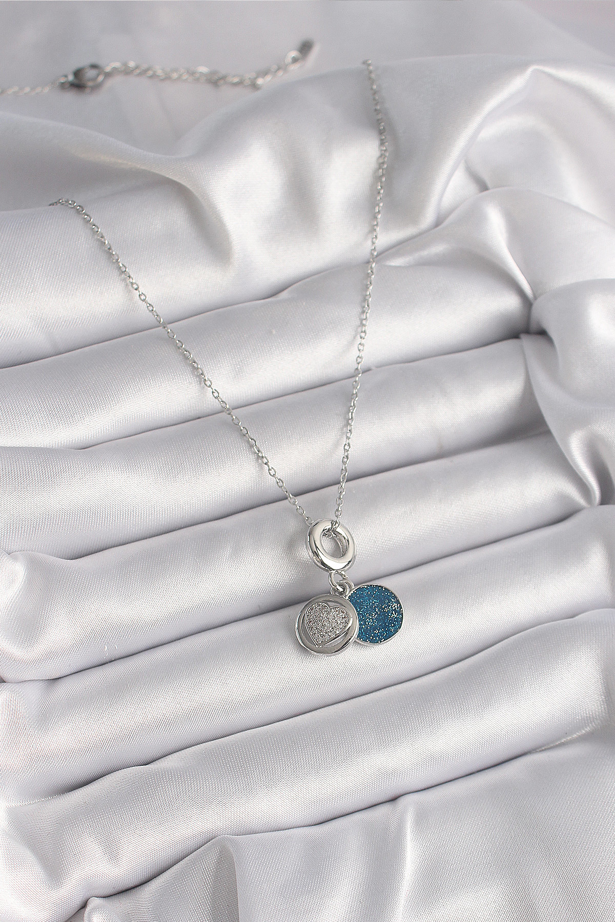 316L Çelik Gümüş Renk Zincir Zirkon Taşlı İşleme Mavi Simli Kadın