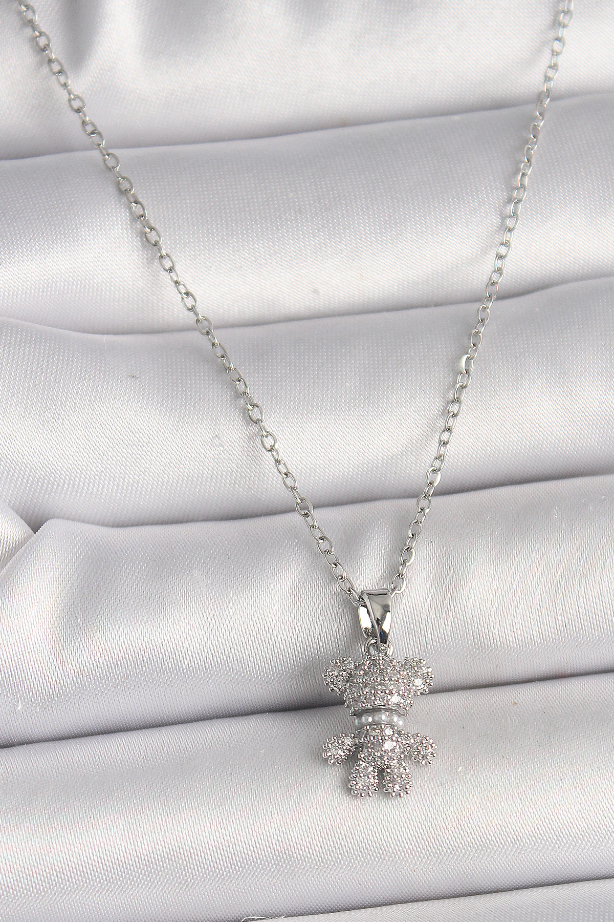 316L Çelik Gümüş Renk Zincir Zirkon Taşlı Ayıcık Figür Kadın Koly