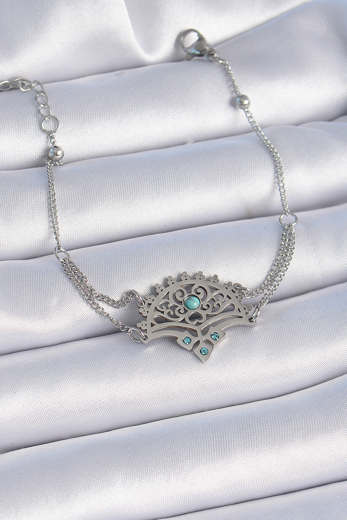 316L Çelik Gümüş Renk Mavi Taşlı Etnik Desen Kadın Bileklik SL900