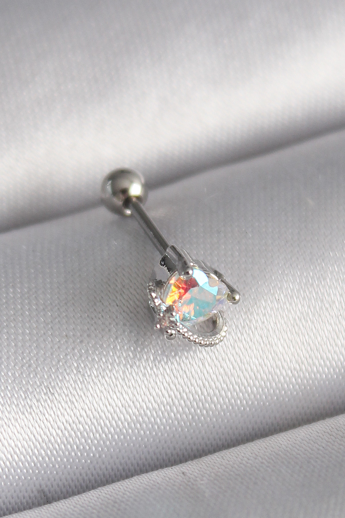 316L Çelik Gümüş Renk Zirkon Taşlı Kalp Tragus Piercing - TJ-PR12