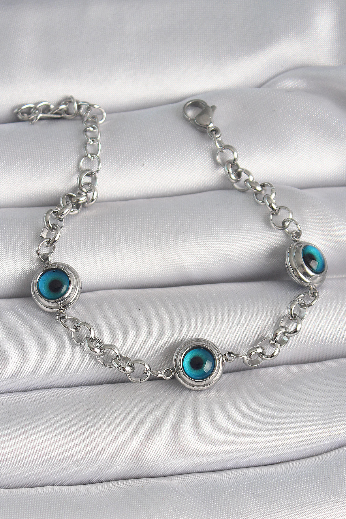Stillove 316L Çelik Gümüş Renk Zincir Model Nazar Boncuklu Kadın Bileklik 