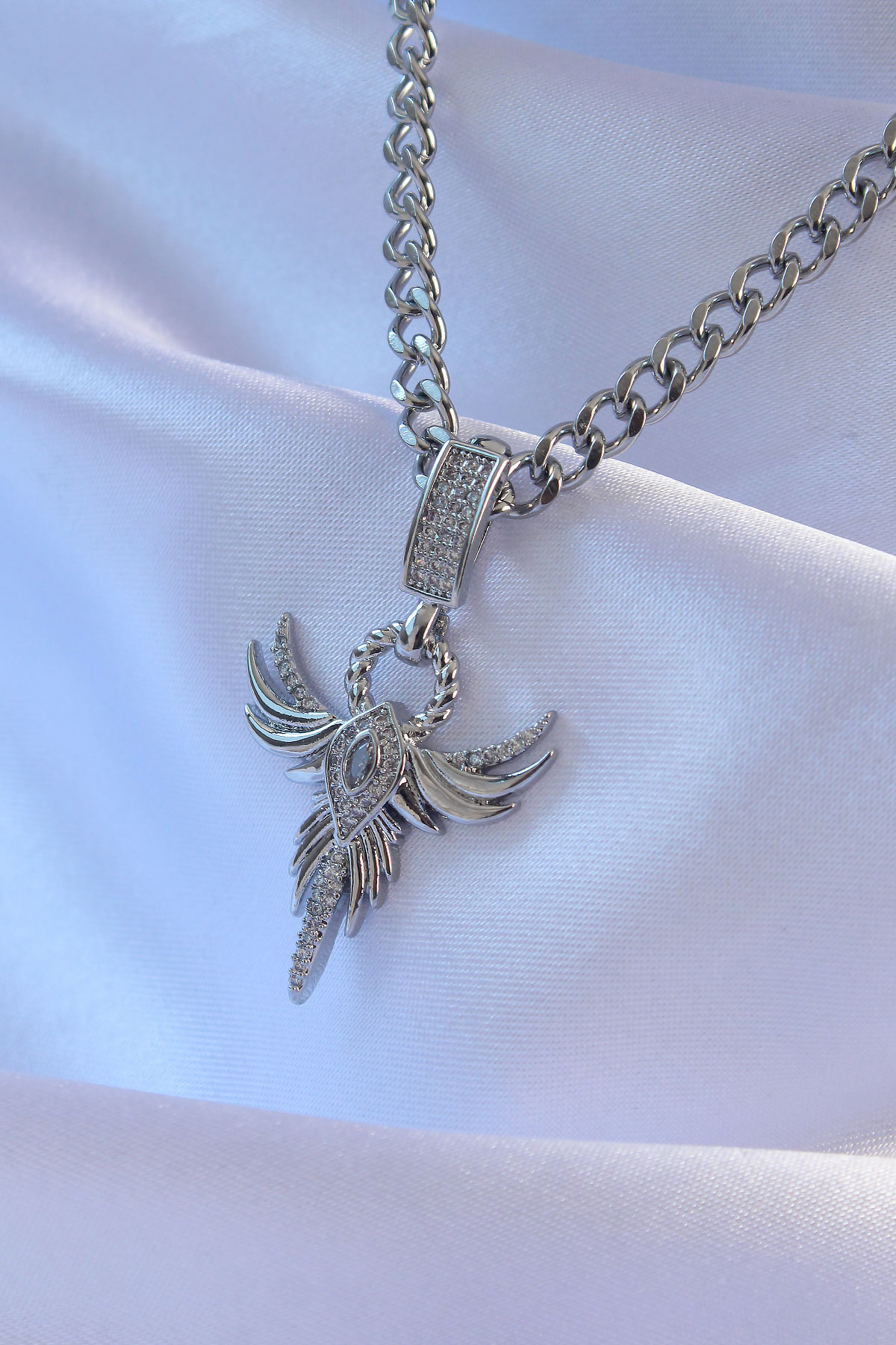 316L Çelik Gümüş Renk Zirkon Taşlı Anka Kuşu Model Kolye - TJ-BKO