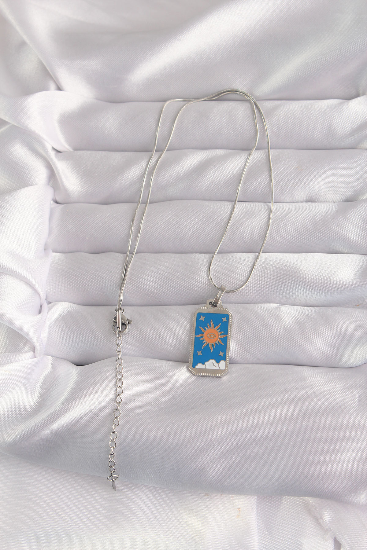 316L Çelik Gümüş Renk Mavi Mineli Güneş Model Tarot Kolye - TJ-BK