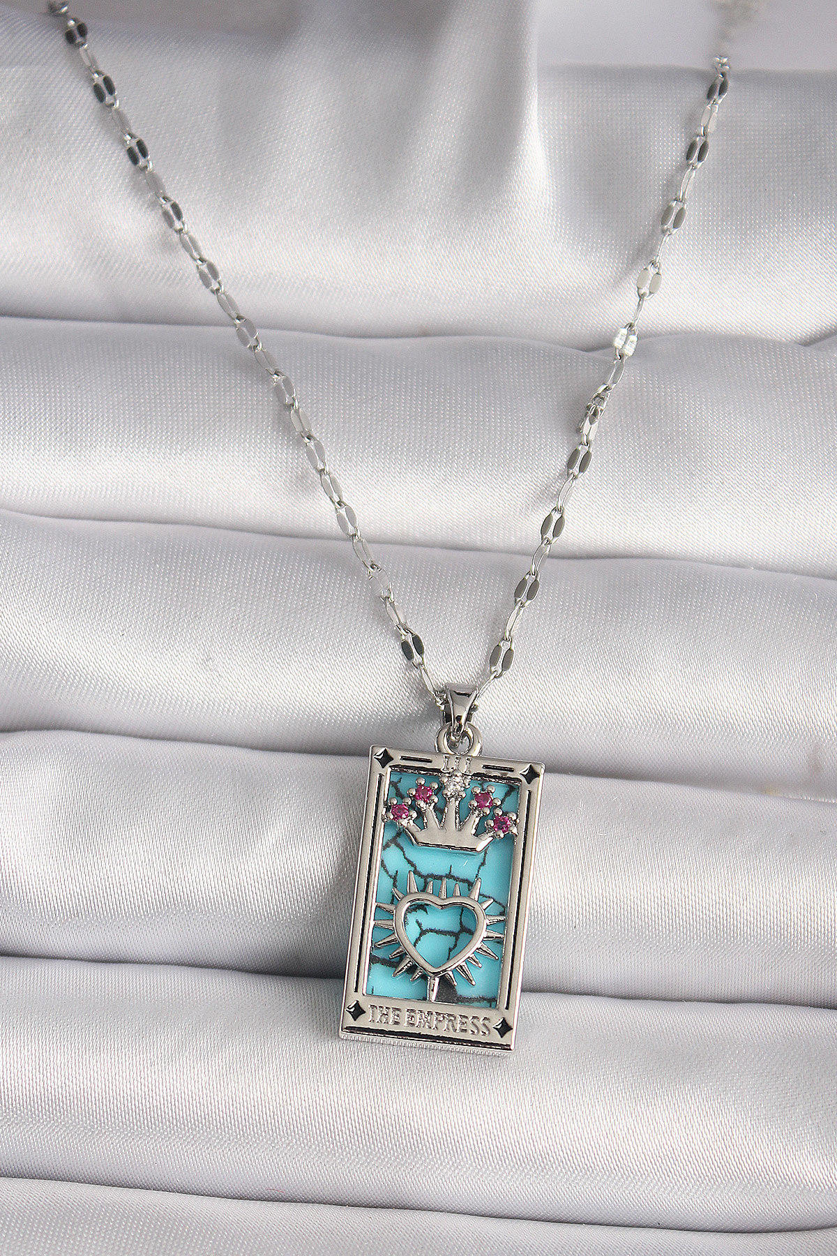 Stillove 316L Çelik Gümüş Renk Pembe Zirkon Taşlı Taç Kalp Portre Model Ka