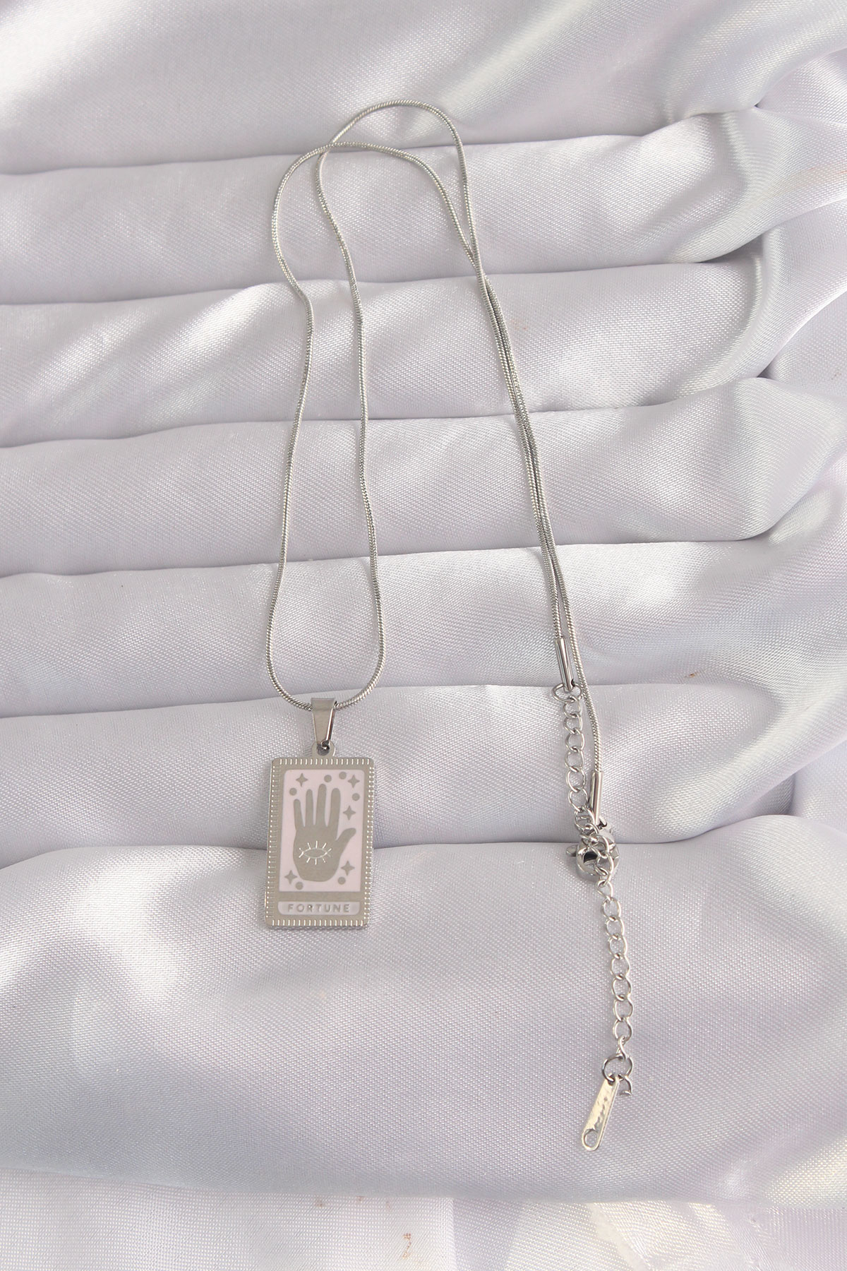 316L Çelik Gümüş Renk Pembe Mineli El Figür Tarot Kolye - TJ-BKO9