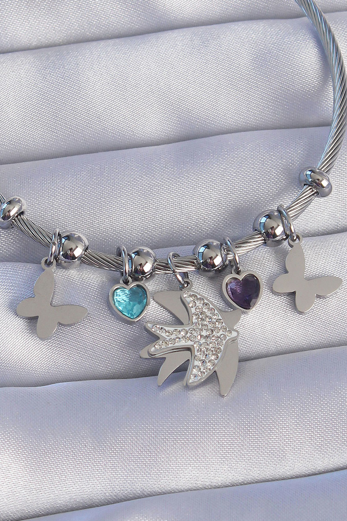 Stillove 316L Çelik Gümüş Renk Zirkon Taşlı Kuş Tasarımlı Kelebek Detay Ch