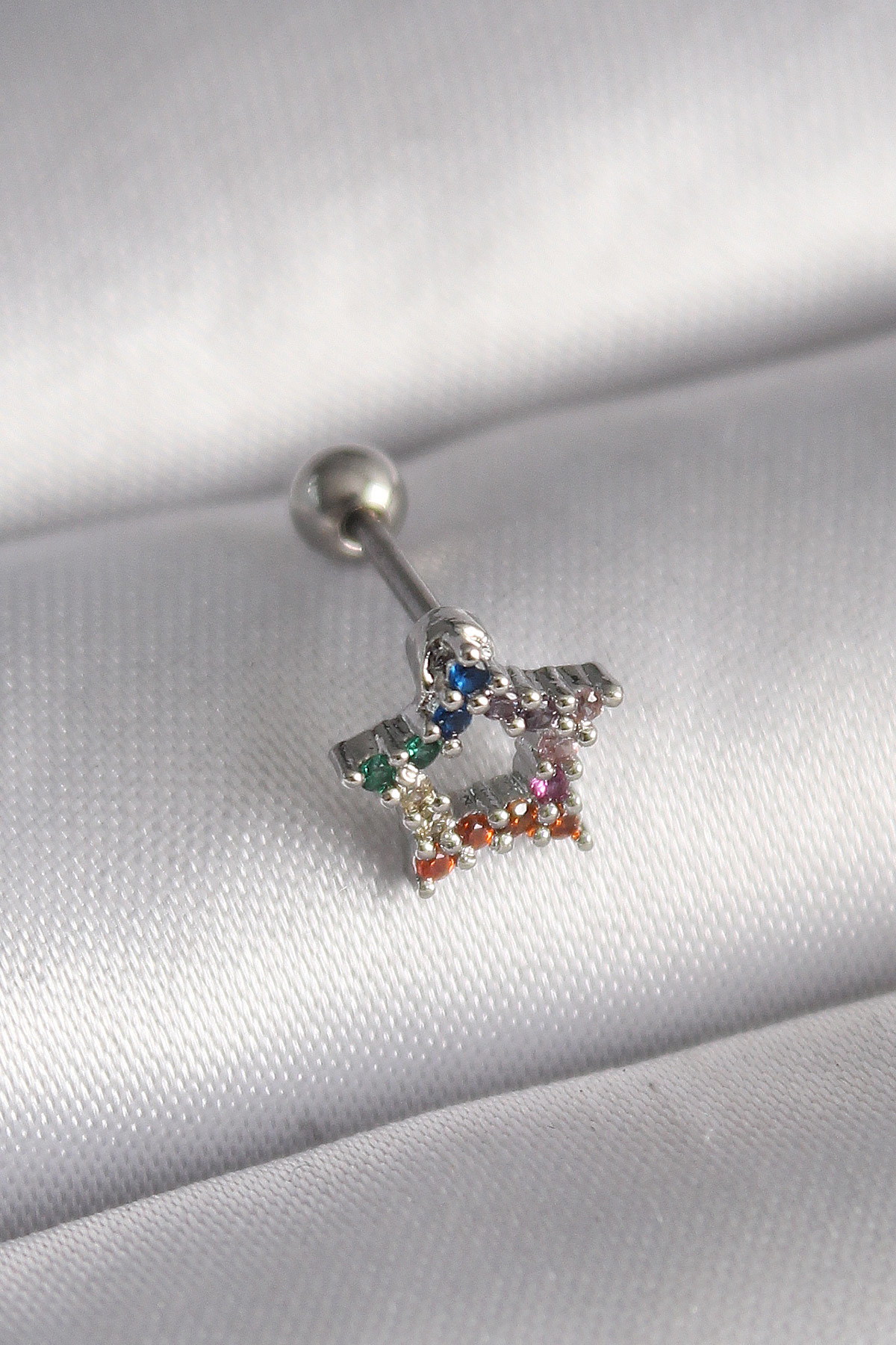 316L Çelik Gümüş Renk Renkli Zirkon Taşlı Yıldız Model Tragus Pie