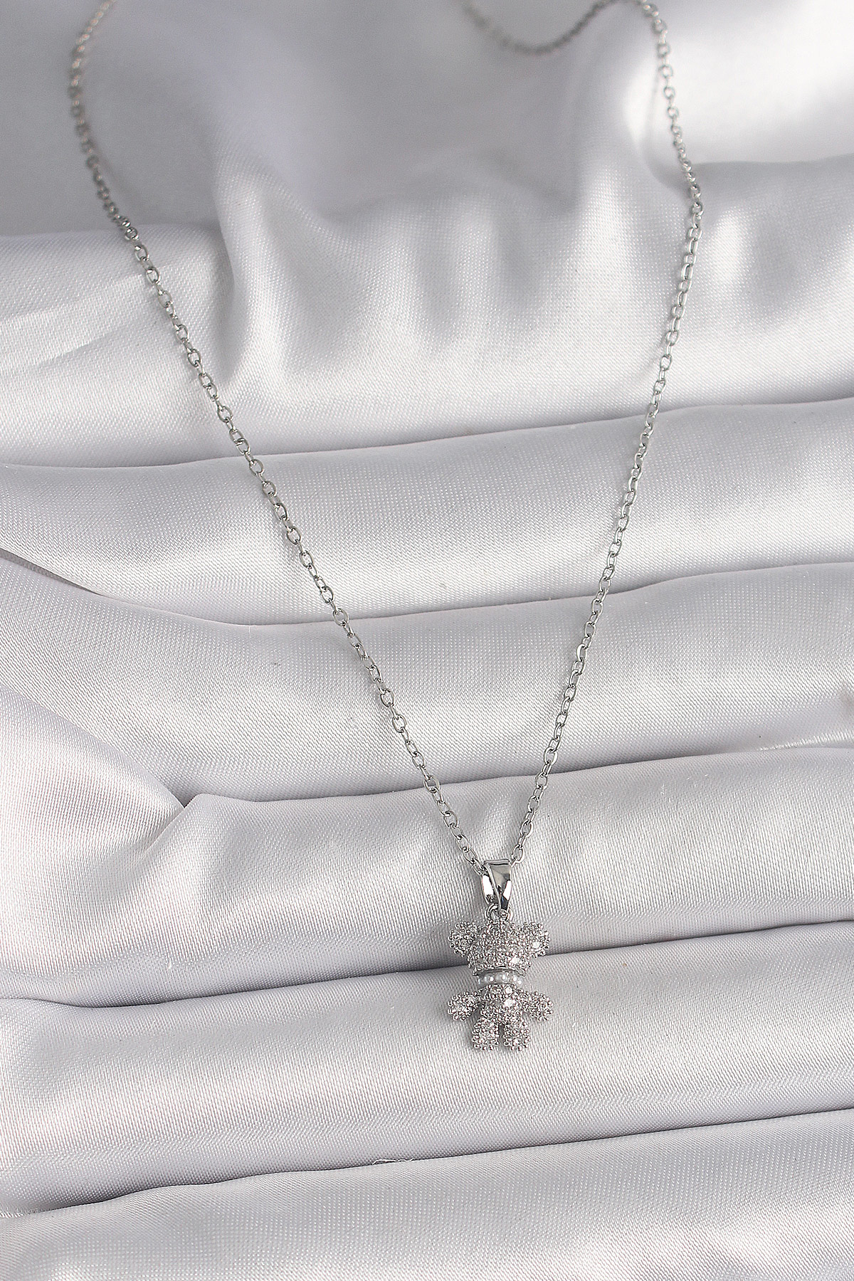 316L Çelik Gümüş Renk Zincir Zirkon Taşlı Ayıcık Figür Kadın Koly