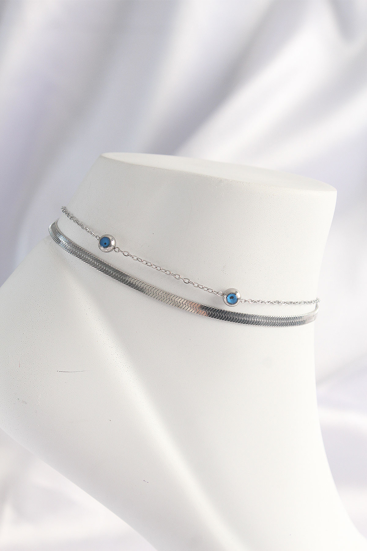 316L Çelik Gümüş Renk Nazar Boncuk Tasarımlı 2li Halhal - TJ-HH16