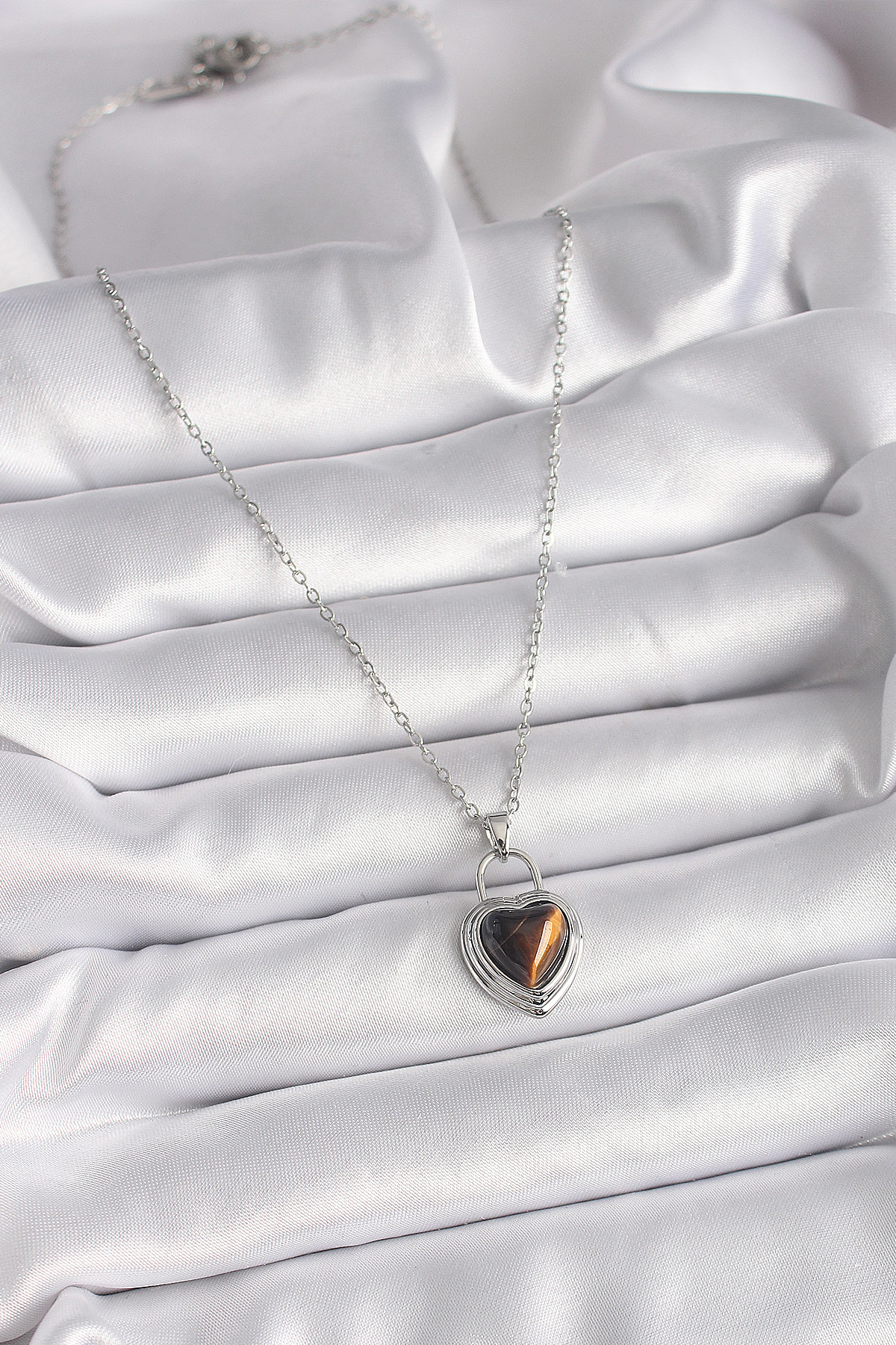 Stillove 316L Çelik Gümüş Renk Zincir Kilit Kalp Kehribar Boncuk Model Kad