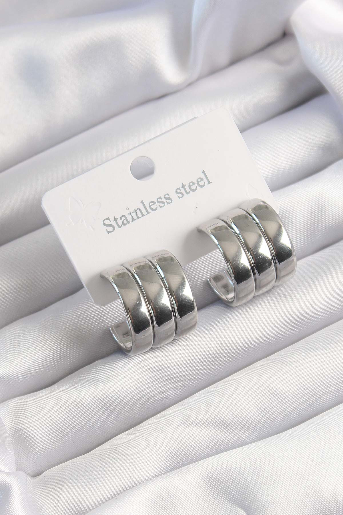 Stillove 316L Çelik Gümüş Renk 3Lü Görünüm Bombe Model Yarım Halka Küpe Sl