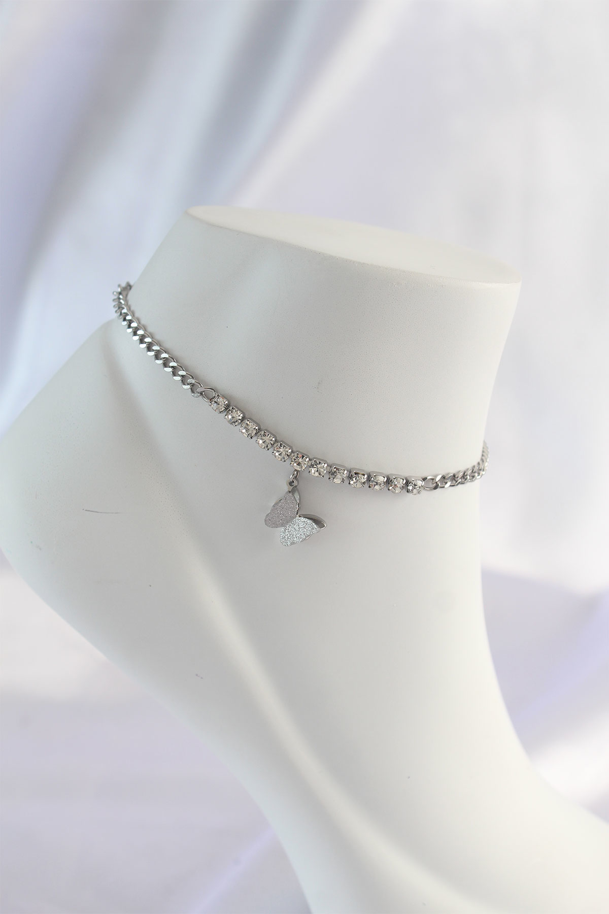 316L Çelik Gümüş Renk Zirkon Taşlı Kelebek Tasarımlı Halhal - TJ-