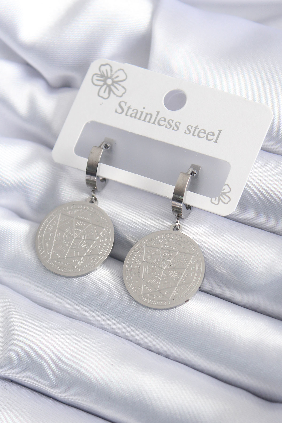 316L Çelik Gümüş Renk Pentagram İşleme Model Kadın Küpe - TJ-BKP7