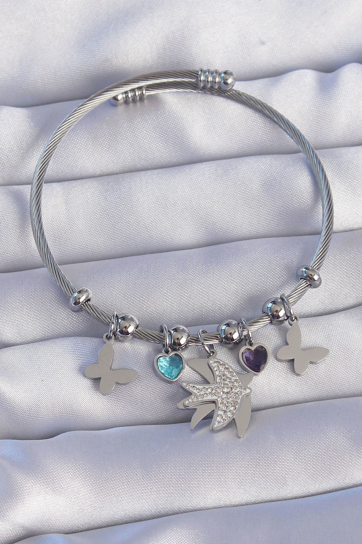 316L Çelik Gümüş Renk Zirkon Taşlı Kuş Tasarımlı Kelebek Detay Ch