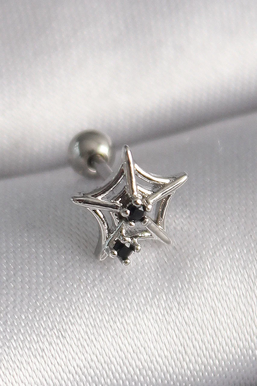 316l Çelik Gümüş Renk Siyah Zirkon Taş Detay Örümcek Ağ Model Tragus Piercing - Lisinya Diğer