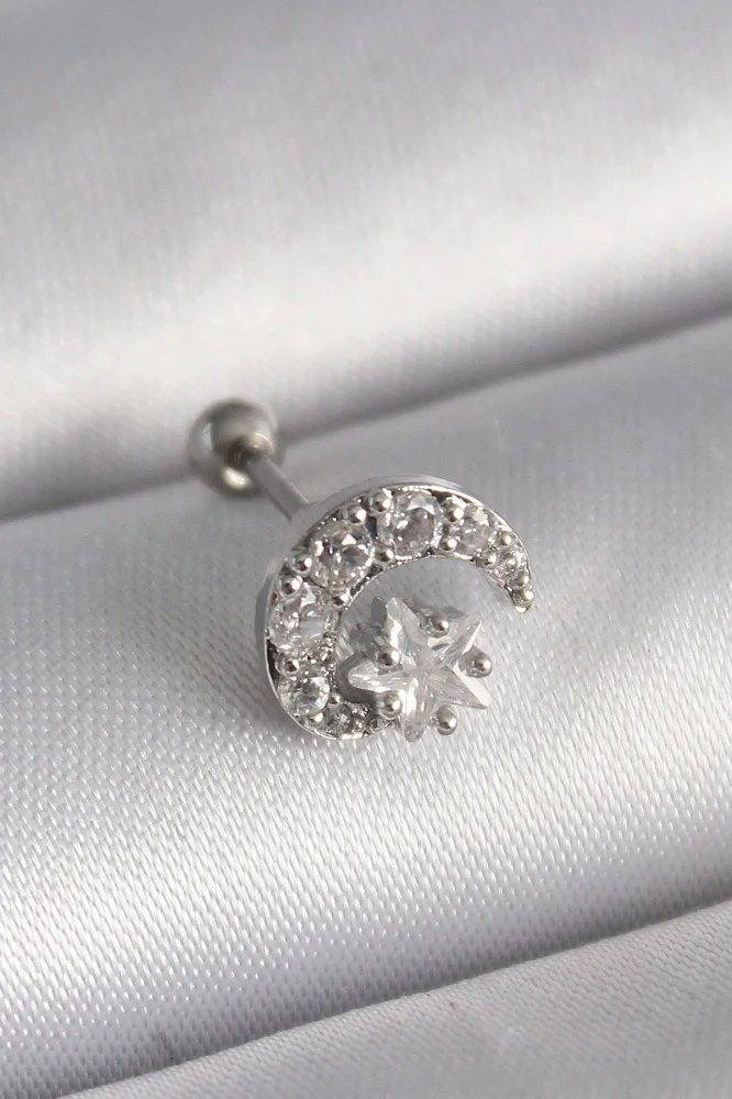 316l Çelik Gümüş Renk Zirkon Taşlı Ay Yıldız Tragus Piercing Diğer