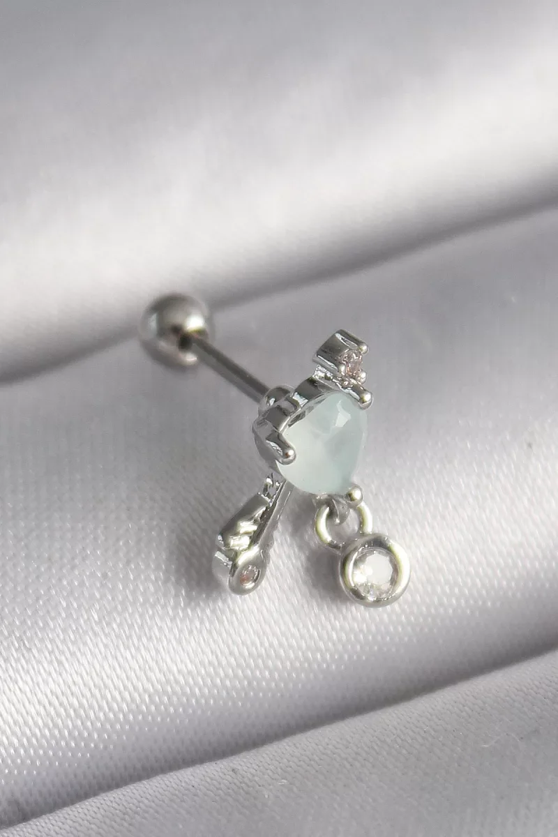 316L Çelik Gümüş Renk Beyaz Minelik Kalp Sallantı Zirkon Taş Detay Tragus Piercing - Lisinya