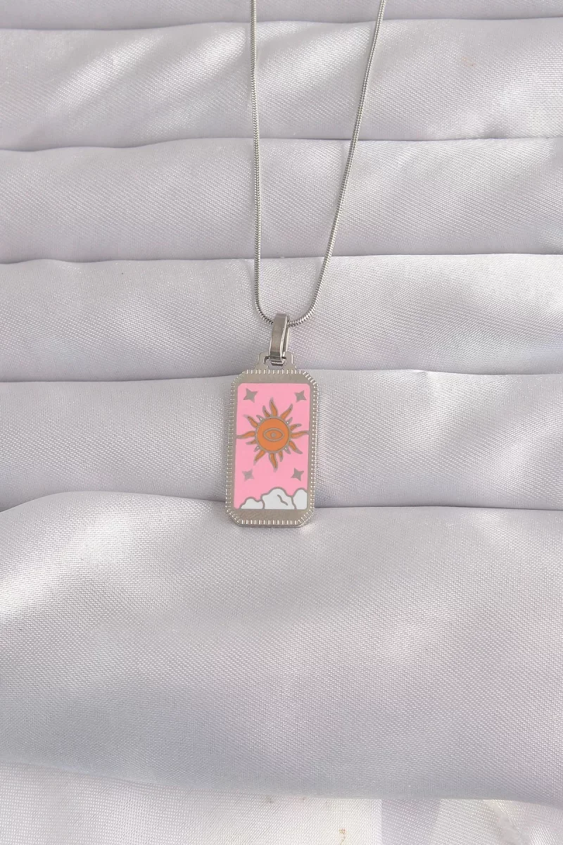 316L Çelik Gümüş Renk Pembe Mineli Güneş Model Tarot Kolye - Lisi