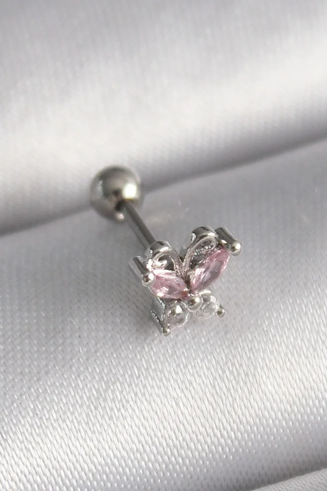 316l Çelik Gümüş Renk Pembe Zirkon Taşlı Kelebek Tragus Piercing Diğer