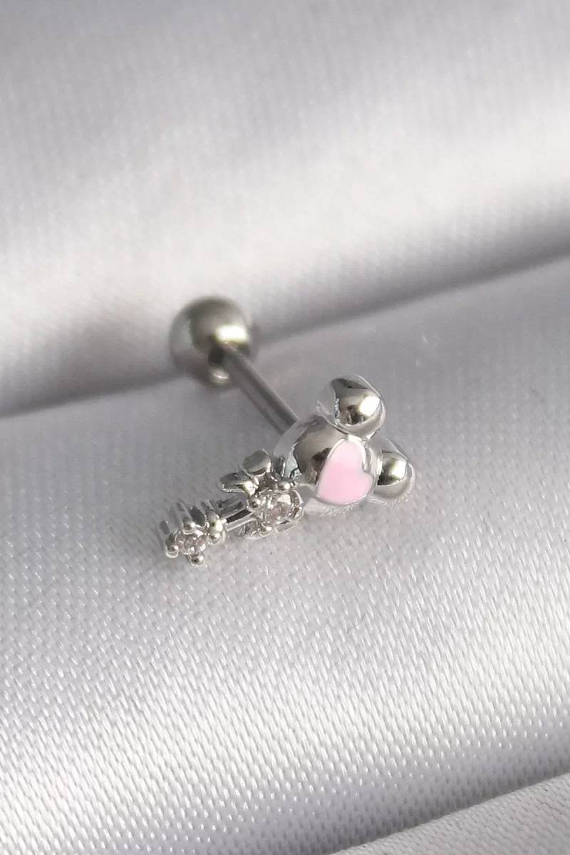 316L Çelik Gümüş Renk Zirkon Taş Detay Pembe Kalp İşleme Tragus Piercing - Lisinya