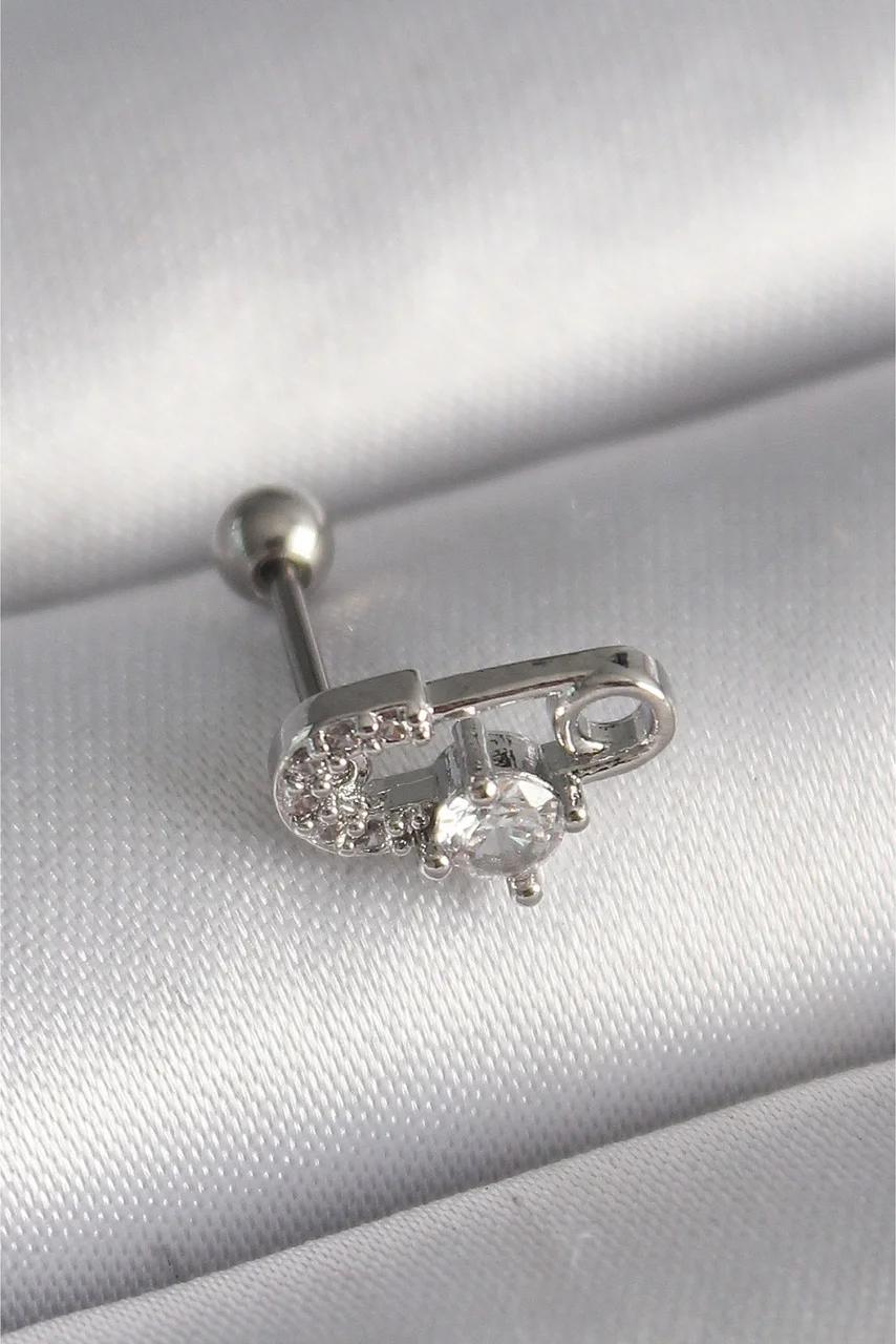 316l Çelik Gümüş Renk Zirkon Taşlı Toplu İğne Tragus Piercing Diğer