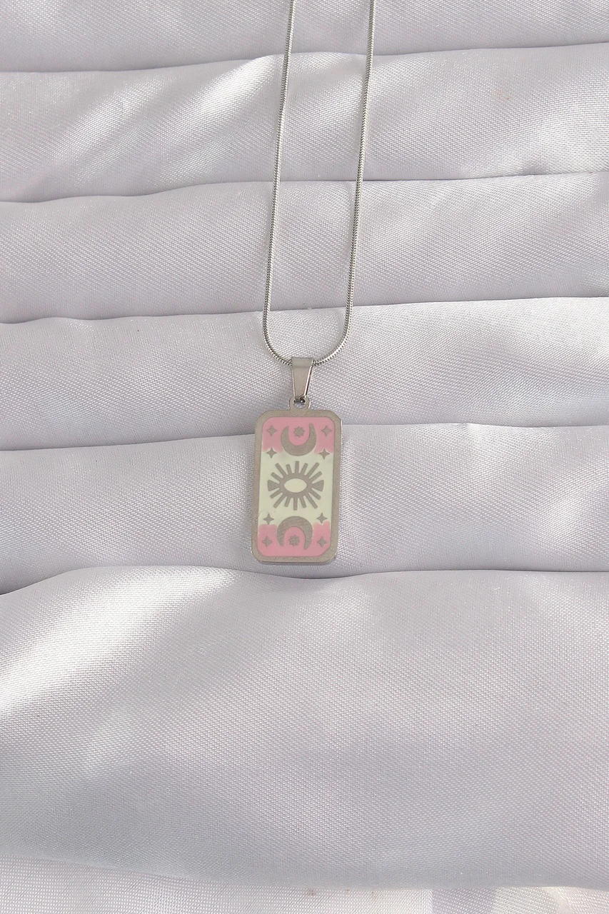 316l Çelik Gümüş Renk Pembe Mineli Ay Figür Tarot Kolye Tj-bko9045 Diğer