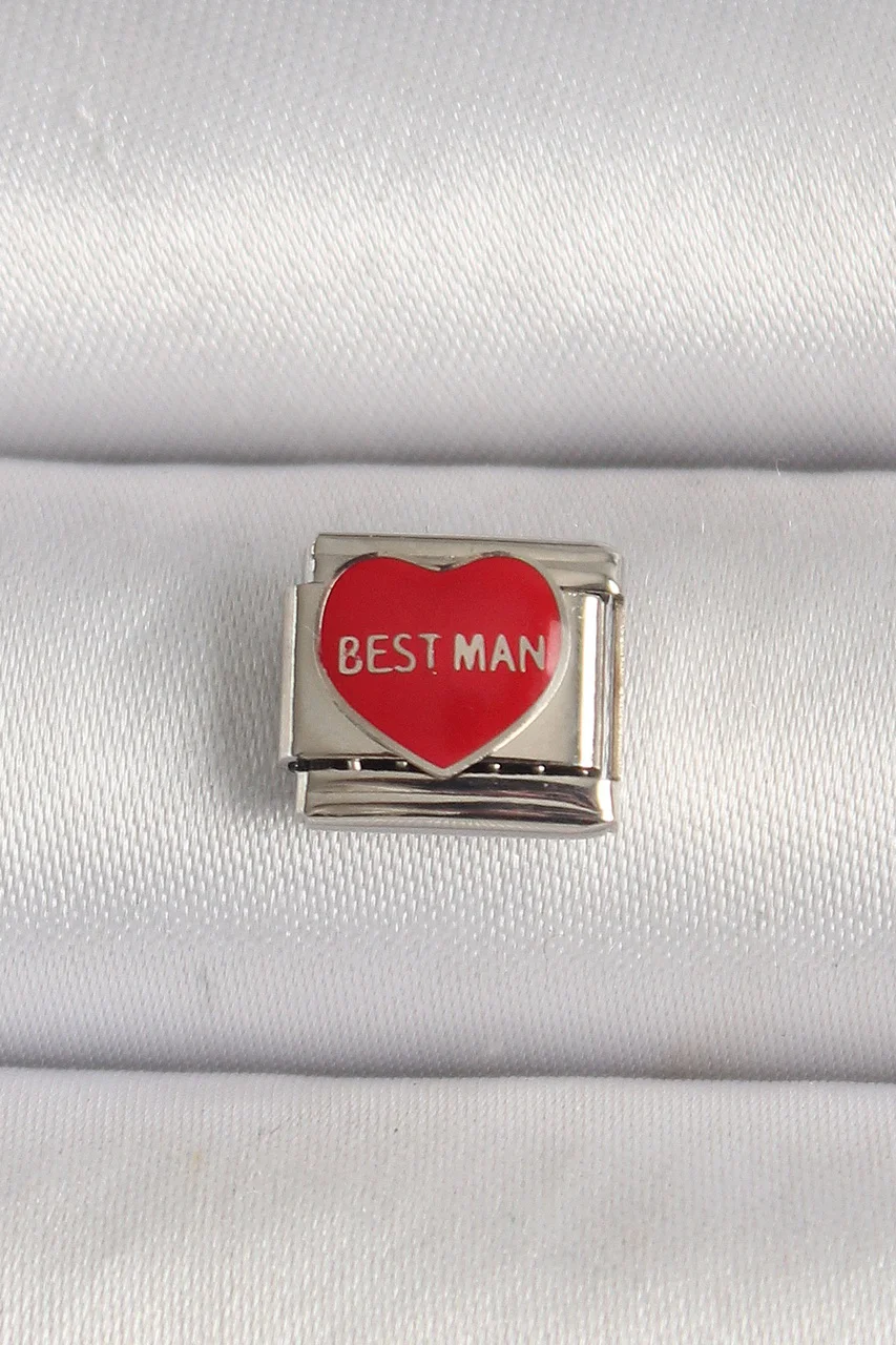 316l Çelik Gümüş Renk 'best Man' Yazılı Kırmızı Kalp İşlemeli Nomination Charm Tj-bc1208 Diğer
