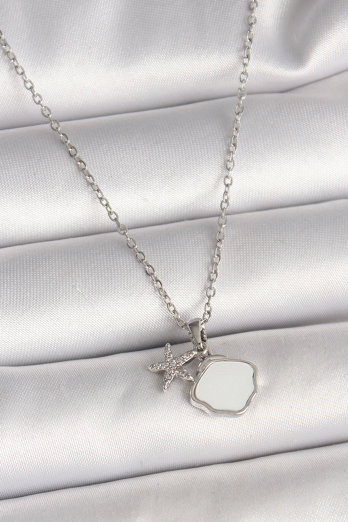 Zaga Prime  316L Çelik Gümüş Renk Zincir Sallantı Beyaz Mineli Deniz Kabuğu Z