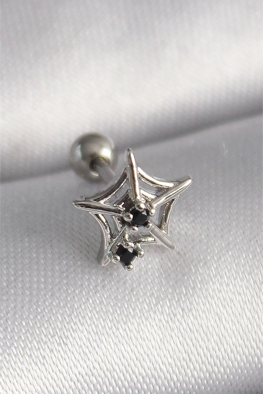 316l Çelik Gümüş Renk Siyah Zirkon Taş Detay Örümcek Ağ Model Tragus Piercing Diğer