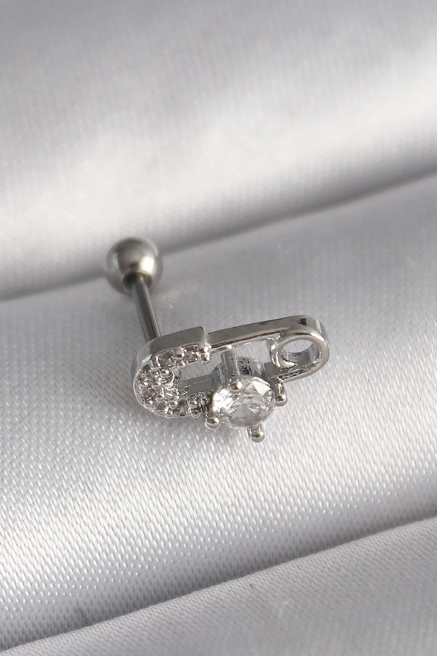 316l Çelik Gümüş Renk Zirkon Taşlı Toplu İğne Tragus Piercing - Lisinya Diğer