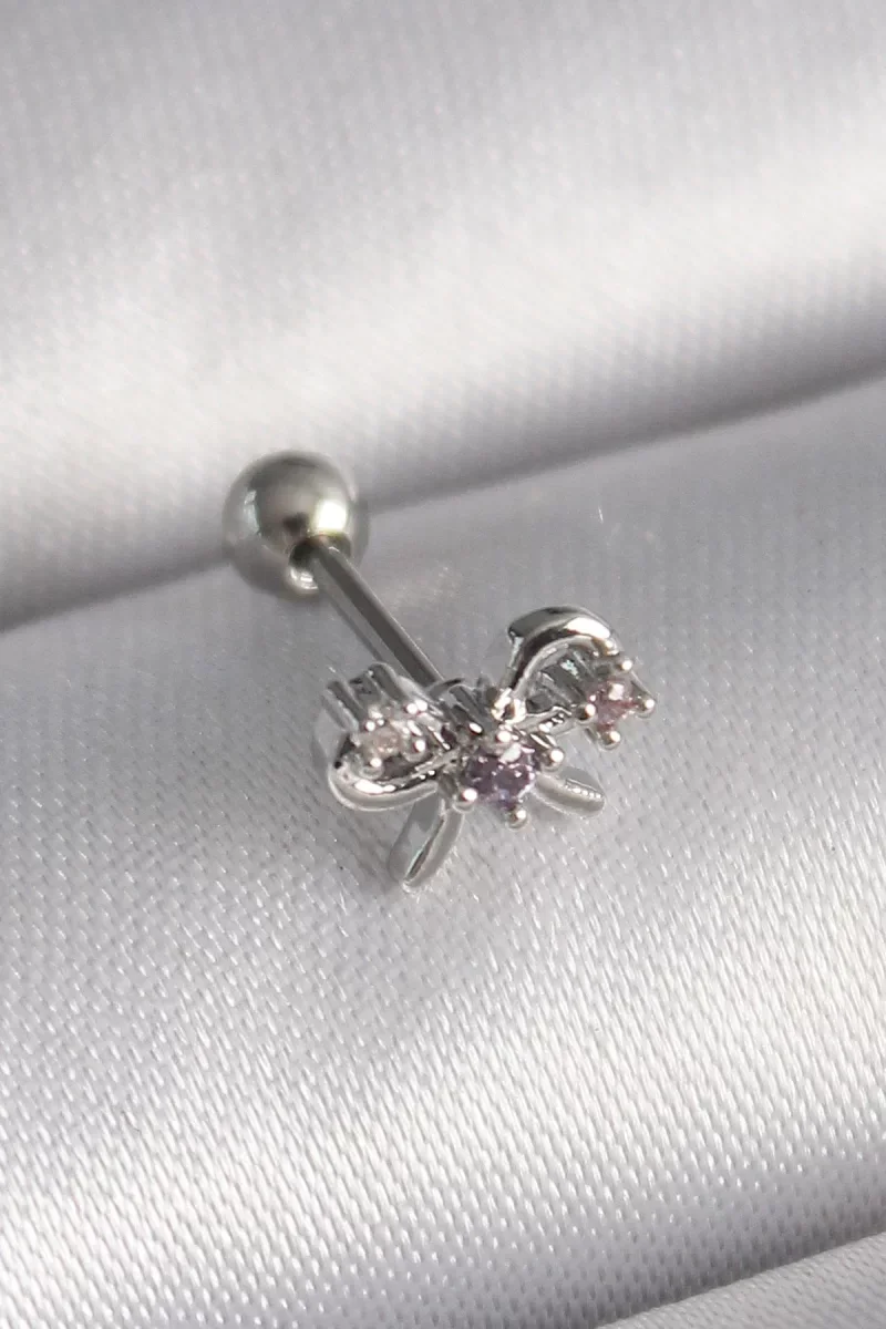 316L Çelik Gümüş Renk Zirkon Taşlı Kurdele Tragus Piercing - Lisinya