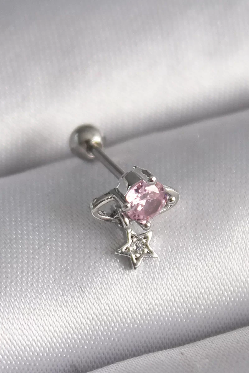 316L Çelik Gümüş Renk Pembe Zirkon Taşlı Sallantı Yıldız Detay Tragus Piercing - Lisinya 316L Çelik Gümüş Renk Pembe Zirkon Taşlı Sallantı Yıldız Detay Tragus Piercing - Lisinya