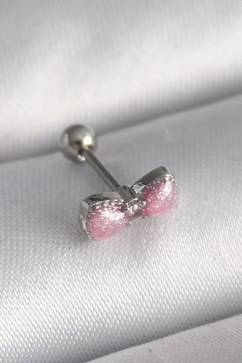 316L Çelik Gümüş Renk Pembe Kurdele Zirkon Taş Detay Tragus Piercing - Lisinya