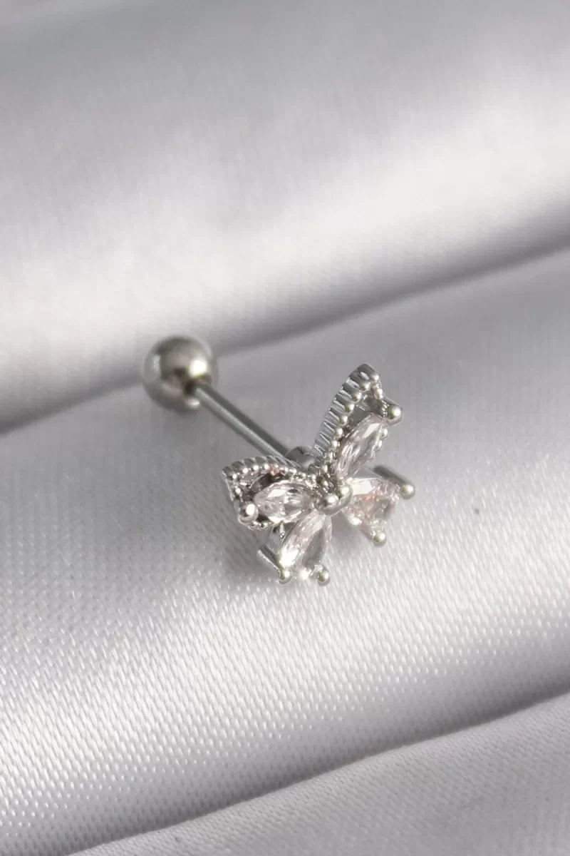316L Çelik Gümüş Renk Zirkon Taşlı Kelebek Tragus Piercing - Lisi
