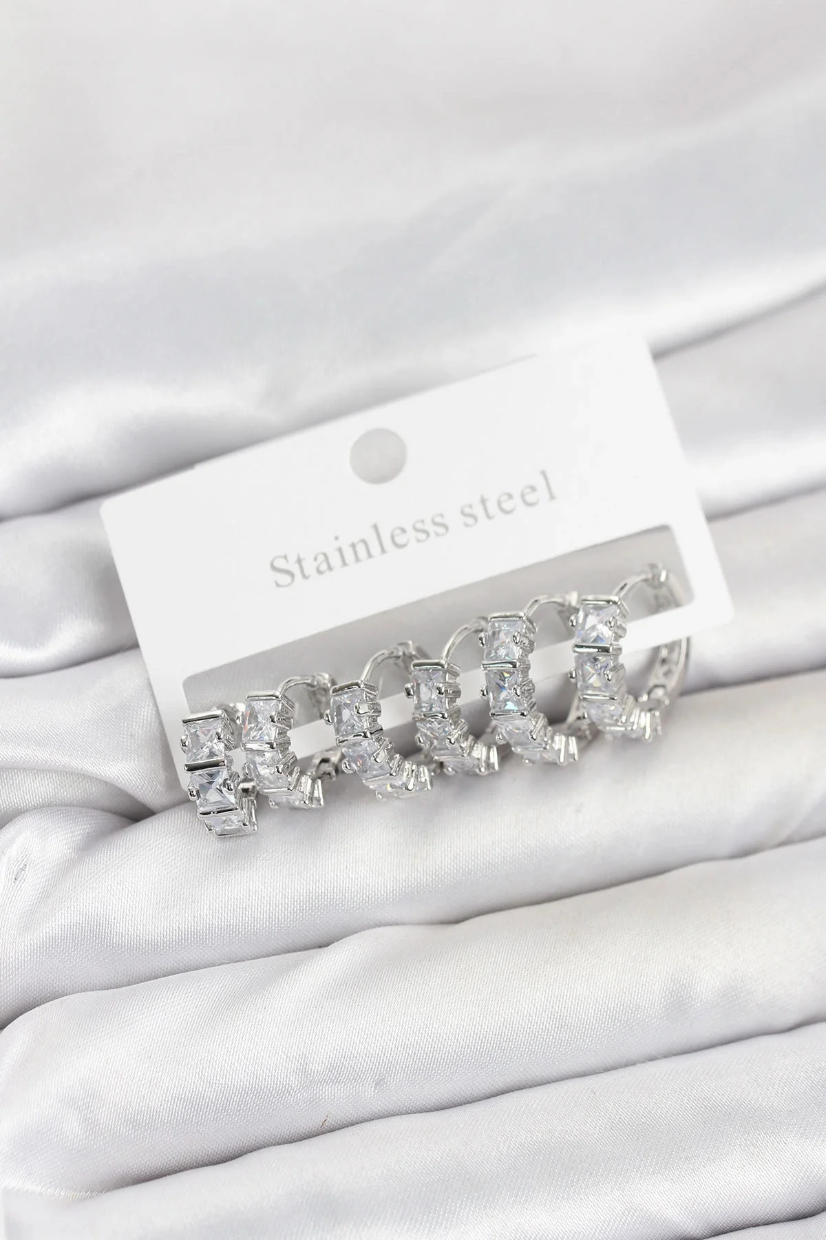 316L Çelik Gümüş Renk Baget Zirkon Taşlı Halka Küpe Seti