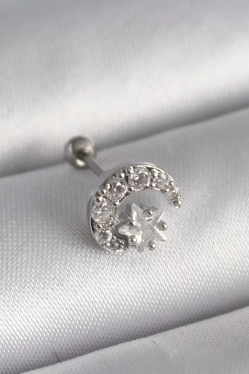 316L Çelik Gümüş Renk Zirkon Taşlı Ay Yıldız Tragus Piercing - Lisinya