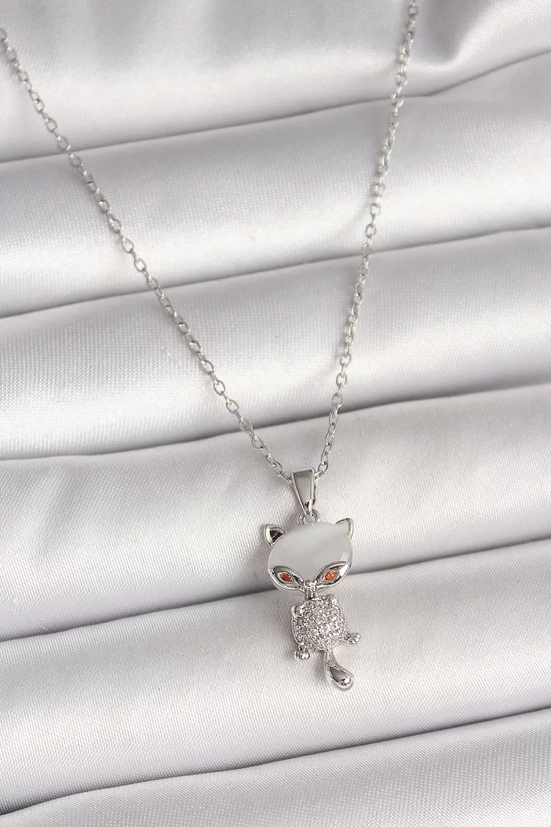 316L Çelik Gümüş Renk Zincir Zirkon Taşlı Kedi Model Kadın Kolye 