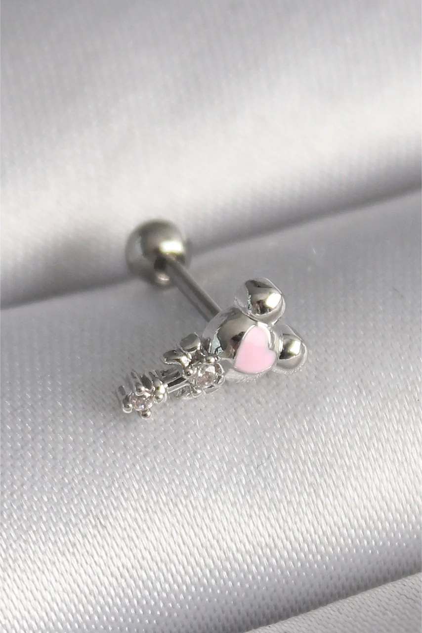 316l Çelik Gümüş Renk Zirkon Taş Detay Pembe Kalp İşleme Tragus Piercing Diğer