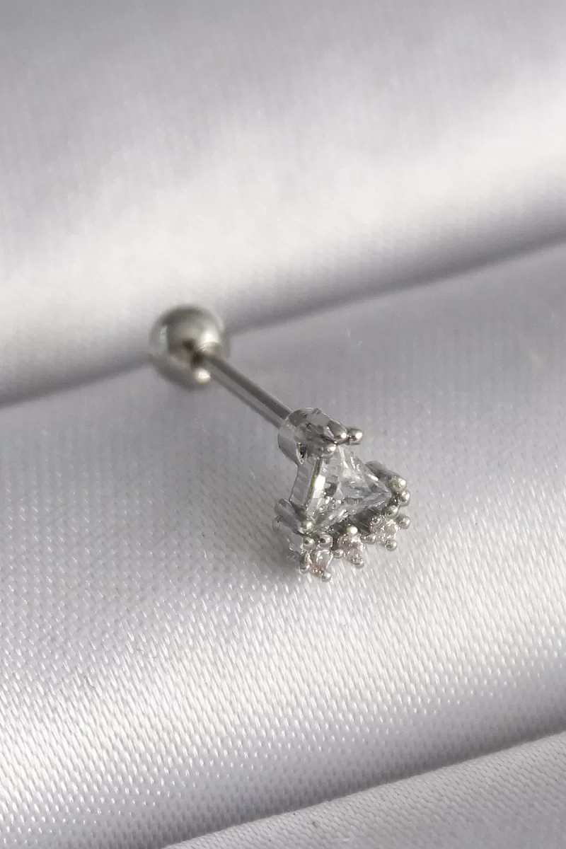 316L Çelik Gümüş Renk Üçgen Zirkon Taşlı Tragus Piercing - Lisinya