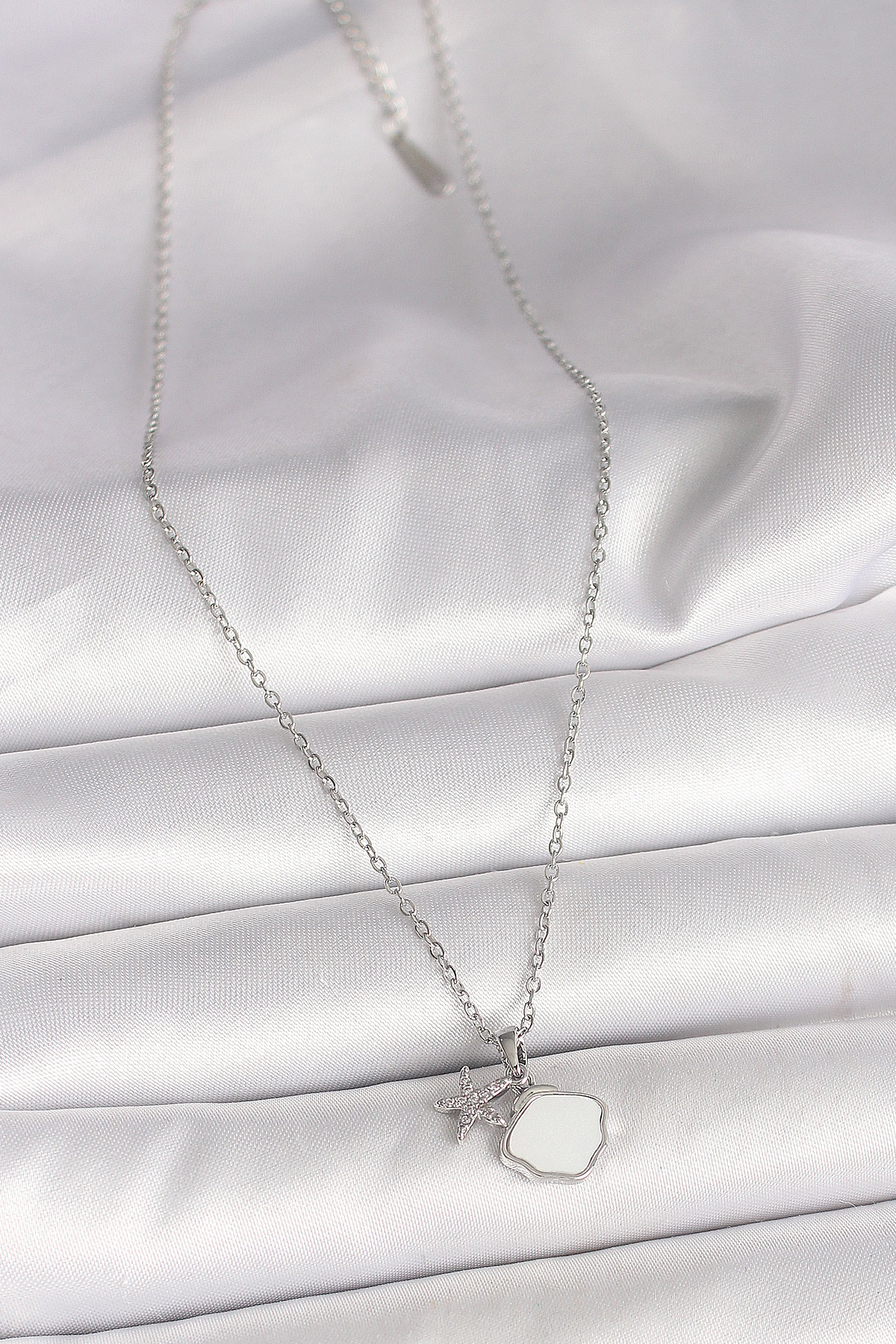 Zaga Prime  316L Çelik Gümüş Renk Zincir Sallantı Beyaz Mineli Deniz Kabuğu Z