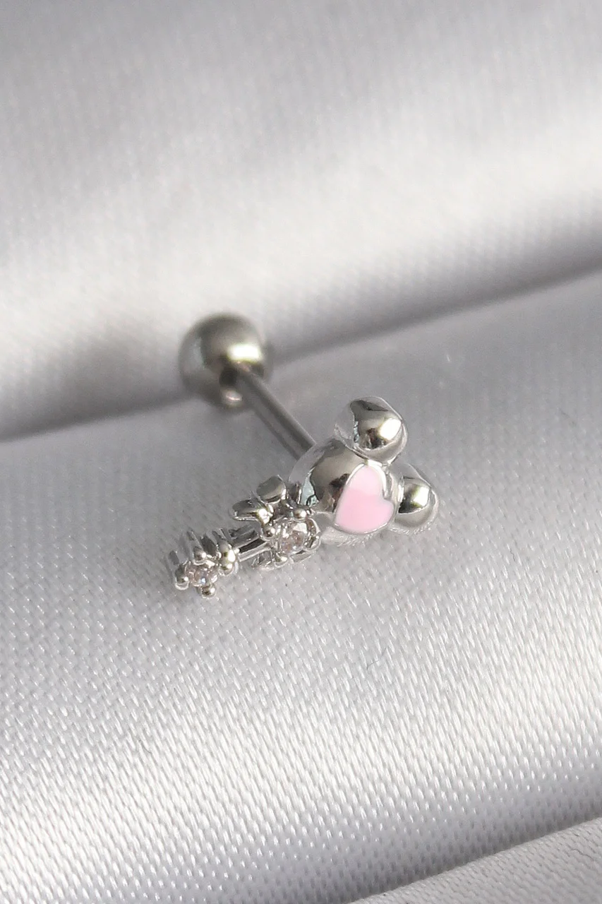 316l Çelik Gümüş Renk Zirkon Taş Detay Pembe Kalp İşleme Tragus Piercing - Lisinya Diğer