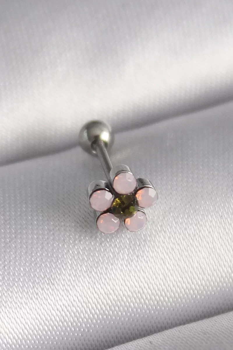 316L Çelik Gümüş Renk Zirkon Taşlı Çiçek Tragus Piercing - Lisiny