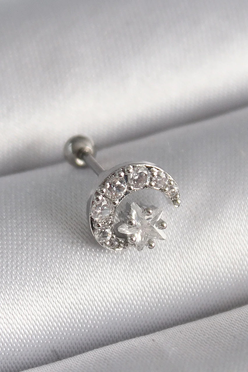 316l Çelik Gümüş Renk Zirkon Taşlı Ay Yıldız Tragus Piercing Tj-pr1257 Diğer