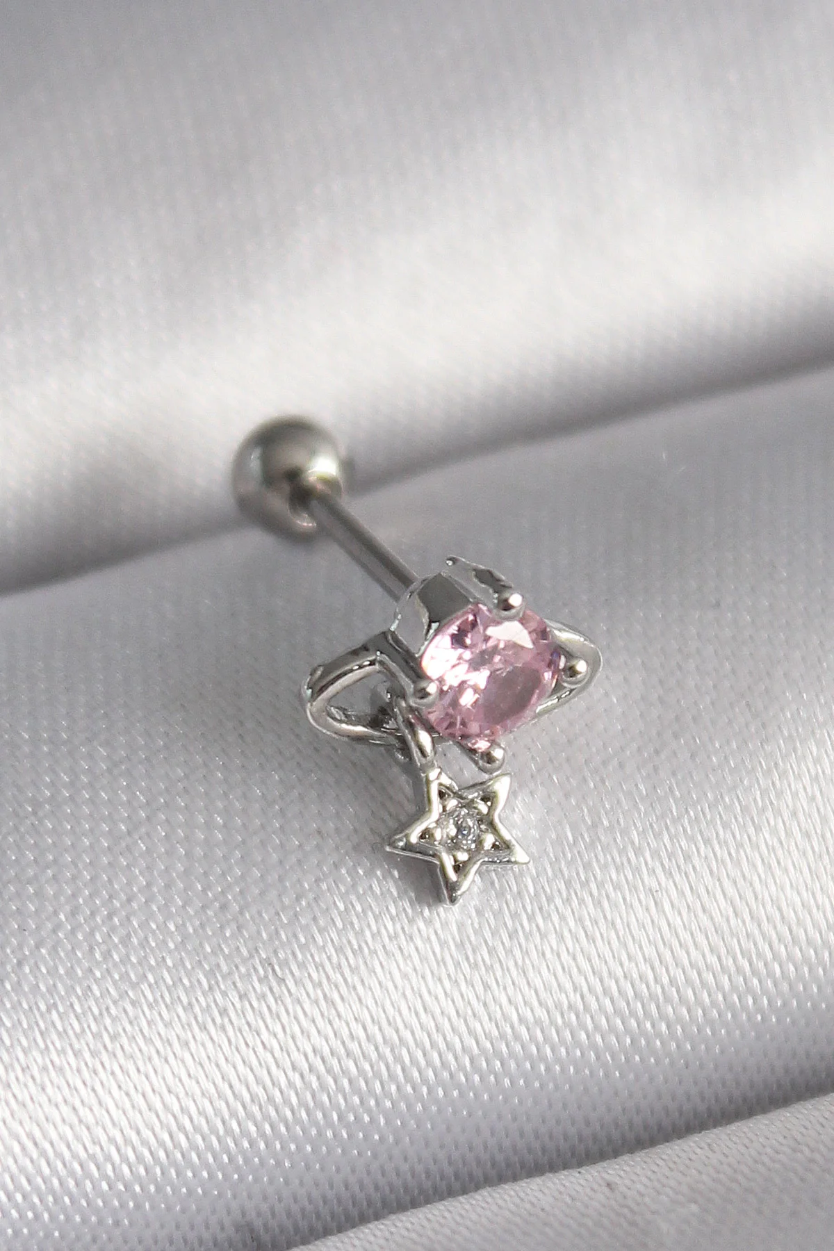316L Çelik Gümüş Renk Pembe Zirkon Taşlı Sallantı Yıldız Detaylı Tragus Piercing