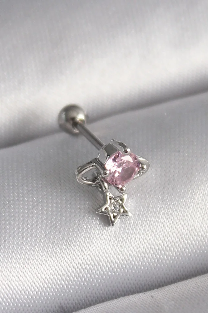 316l Çelik Gümüş Renk Pembe Zirkon Taşlı Sallantı Yıldız Detay Tragus Piercing Diğer