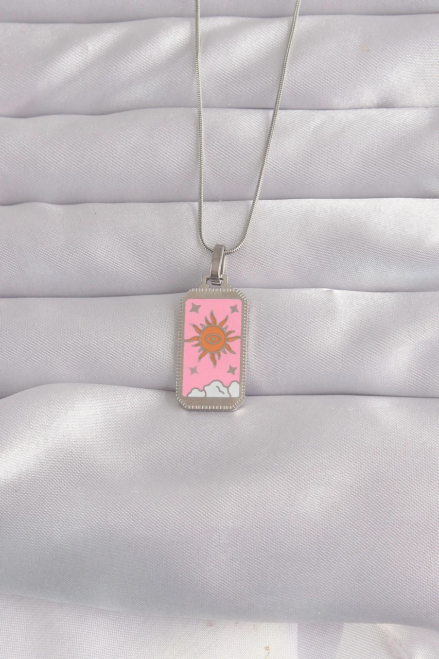 316l Çelik Gümüş Renk Pembe Mineli Güneş Model Tarot Kolye Tj-bko9043 Diğer