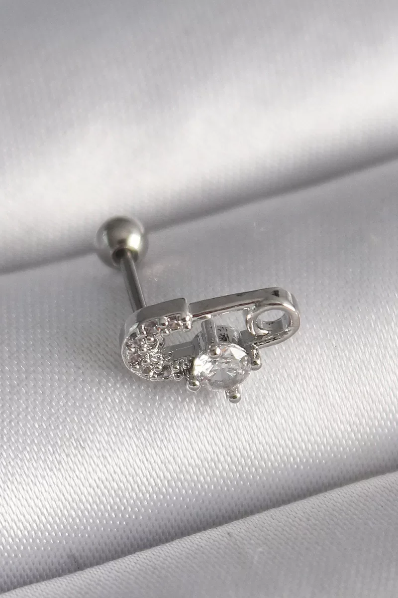 316L Çelik Gümüş Renk Zirkon Taşlı Toplu İğne Tragus Piercing - Lisinya