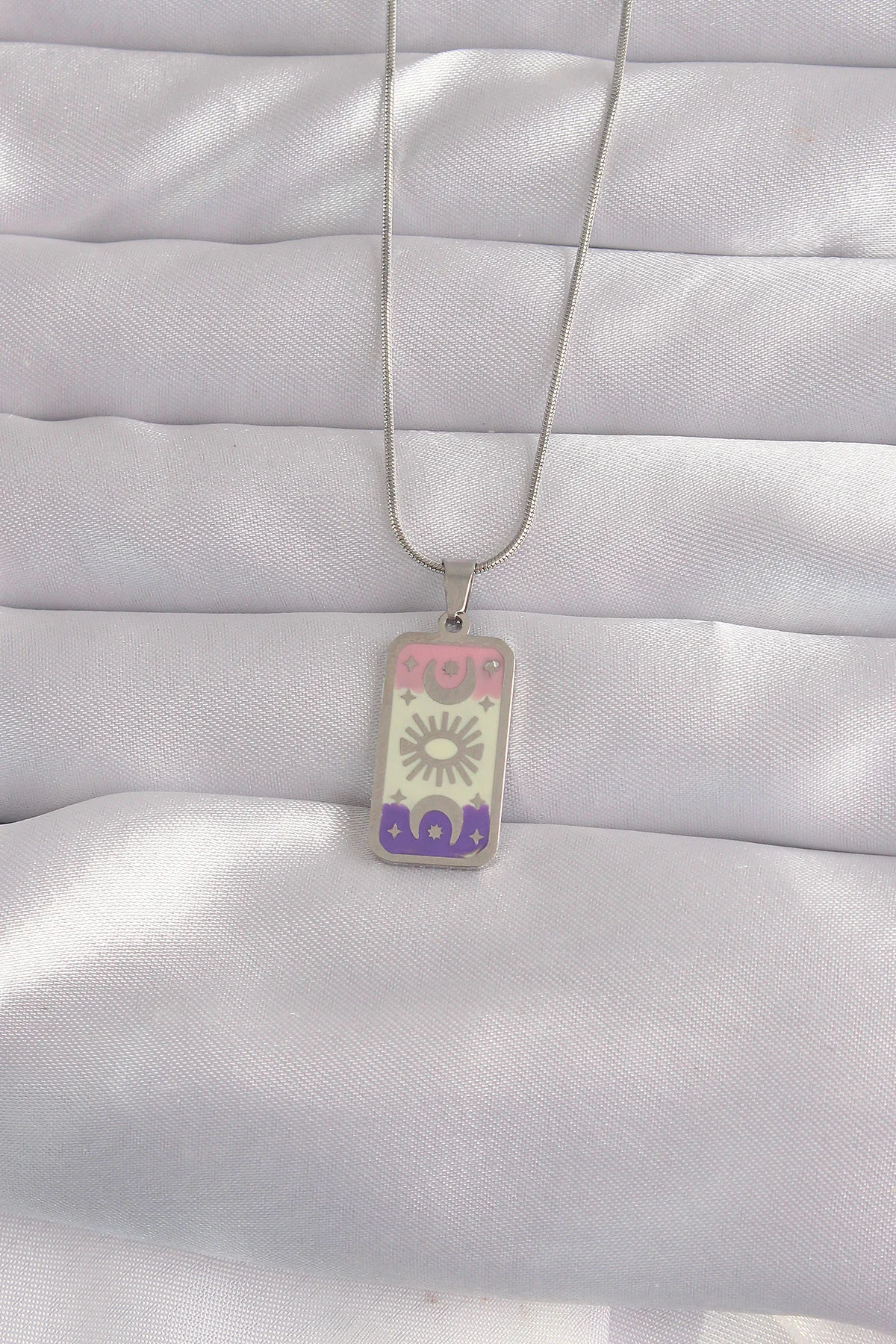 316L Çelik Gümüş Renk Mineli Ay Tarot Kolye 5886 - Paslanmaz ve Şık Kolye