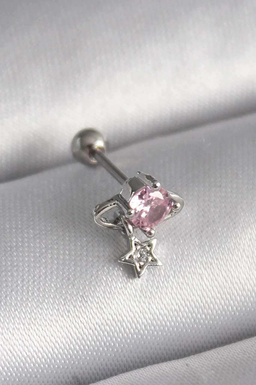 316l Çelik Gümüş Renk Pembe Zirkon Taşlı Sallantı Yıldız Detay Tragus Piercing Tj-pr1237 Diğer