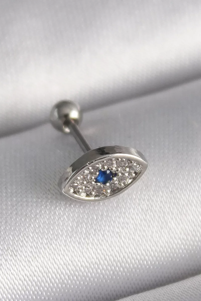 316L Çelik Gümüş Renk Zirkon Taşlı Göz Tragus Piercing - Lisinya